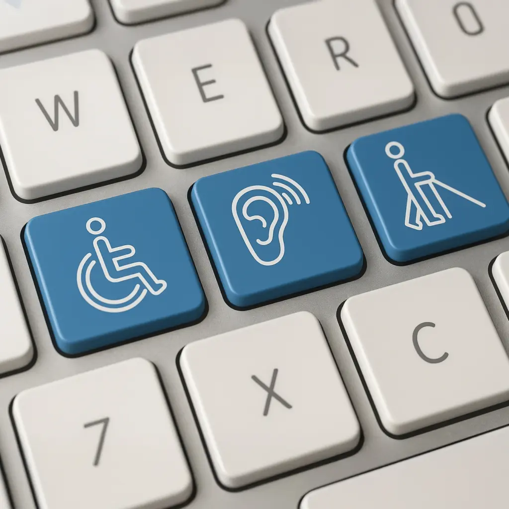 Nahaufnahme einer Computertastatur mit drei blauen Tasten, die durch Symbole für Barrierefreiheit gekennzeichnet sind: ein Rollstuhlsymbol, ein Ohr mit Schallwellen (für Hörunterstützung) und eine Person mit Blindenstock. Die Tasten heben sich deutlich von den umliegenden hellgrauen Standardtasten ab.